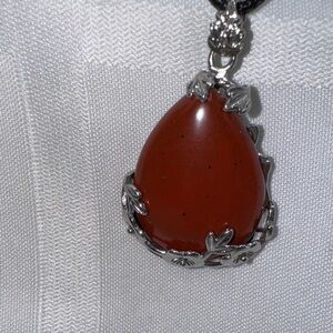 Red Jasper necklace 1.75” tear drop pendant floral silver tone holder 9” cord
